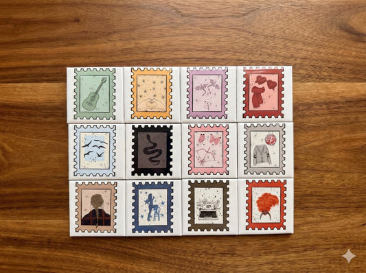 Set of 12 postage stamp magnets with Taylor Swift inspired designs.
